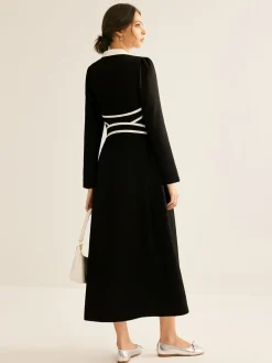 Contrast Piping Long Sleeve Lapel Dress
