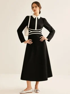 Contrast Piping Long Sleeve Lapel Dress