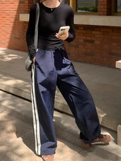 Contrast Side Trim Drawstring Pants