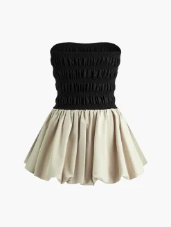 Contrast Strapless Pleated Short Dress