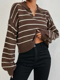 Contrast Striped Lapel Short Sweater