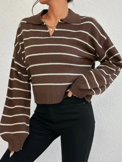 Contrast Striped Lapel Short Sweater