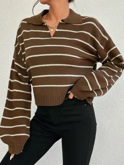 Contrast Striped Lapel Short Sweater