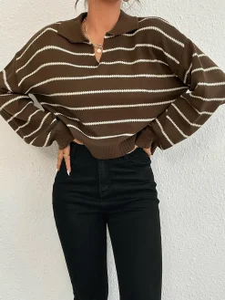 Contrast Striped Lapel Short Sweater