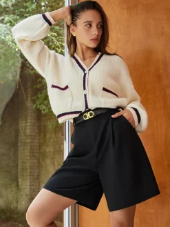 Contrast Trim Button Pockets Cardigan