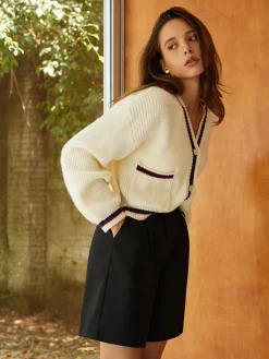 Contrast Trim Button Pockets Cardigan