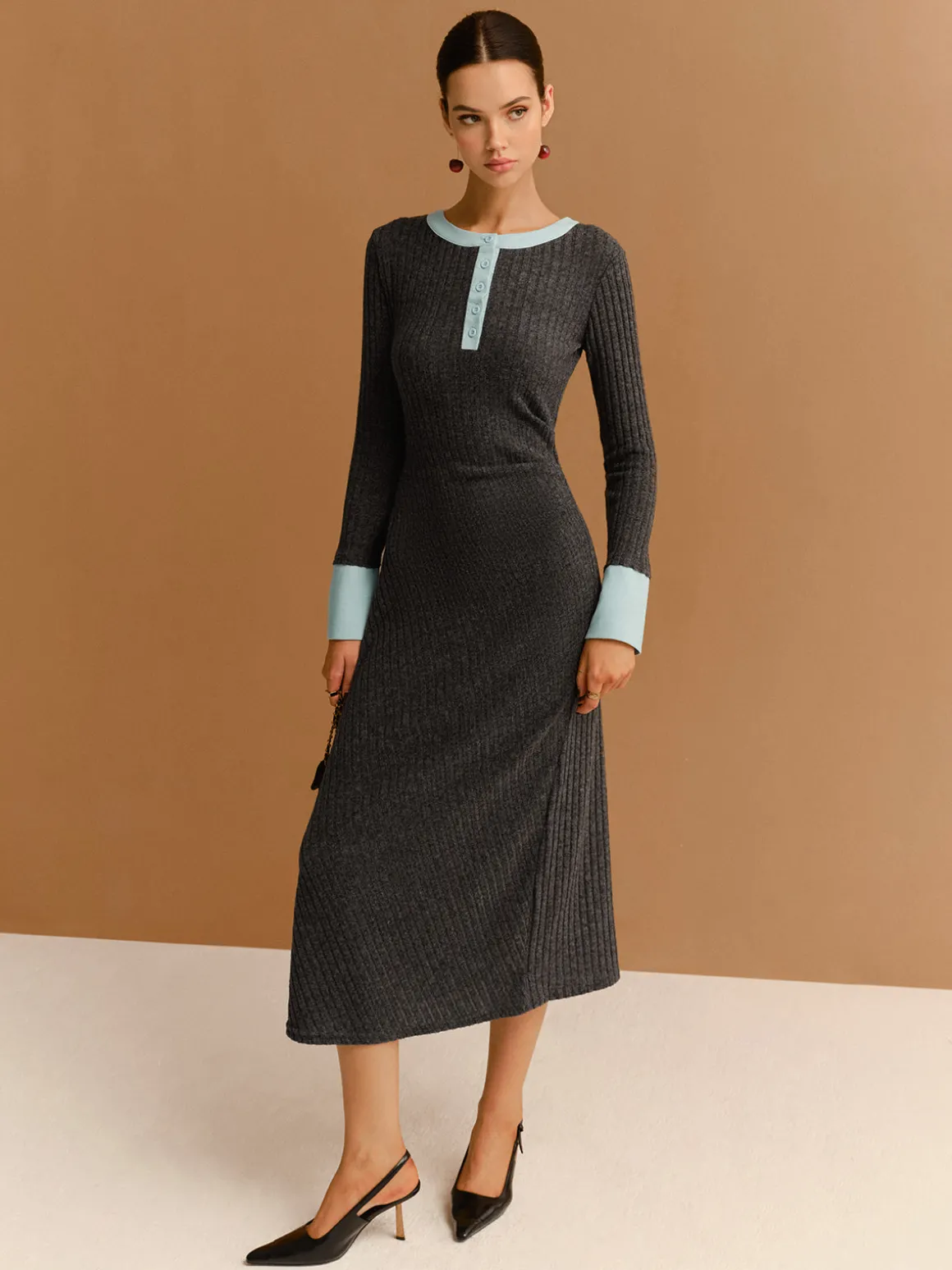 Contrast Trim Button Ribbed Slim Dress