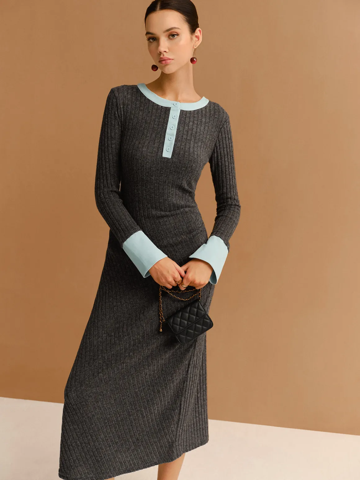 Contrast Trim Button Ribbed Slim Dress