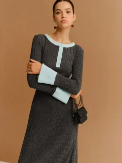 Contrast Trim Button Ribbed Slim Dress