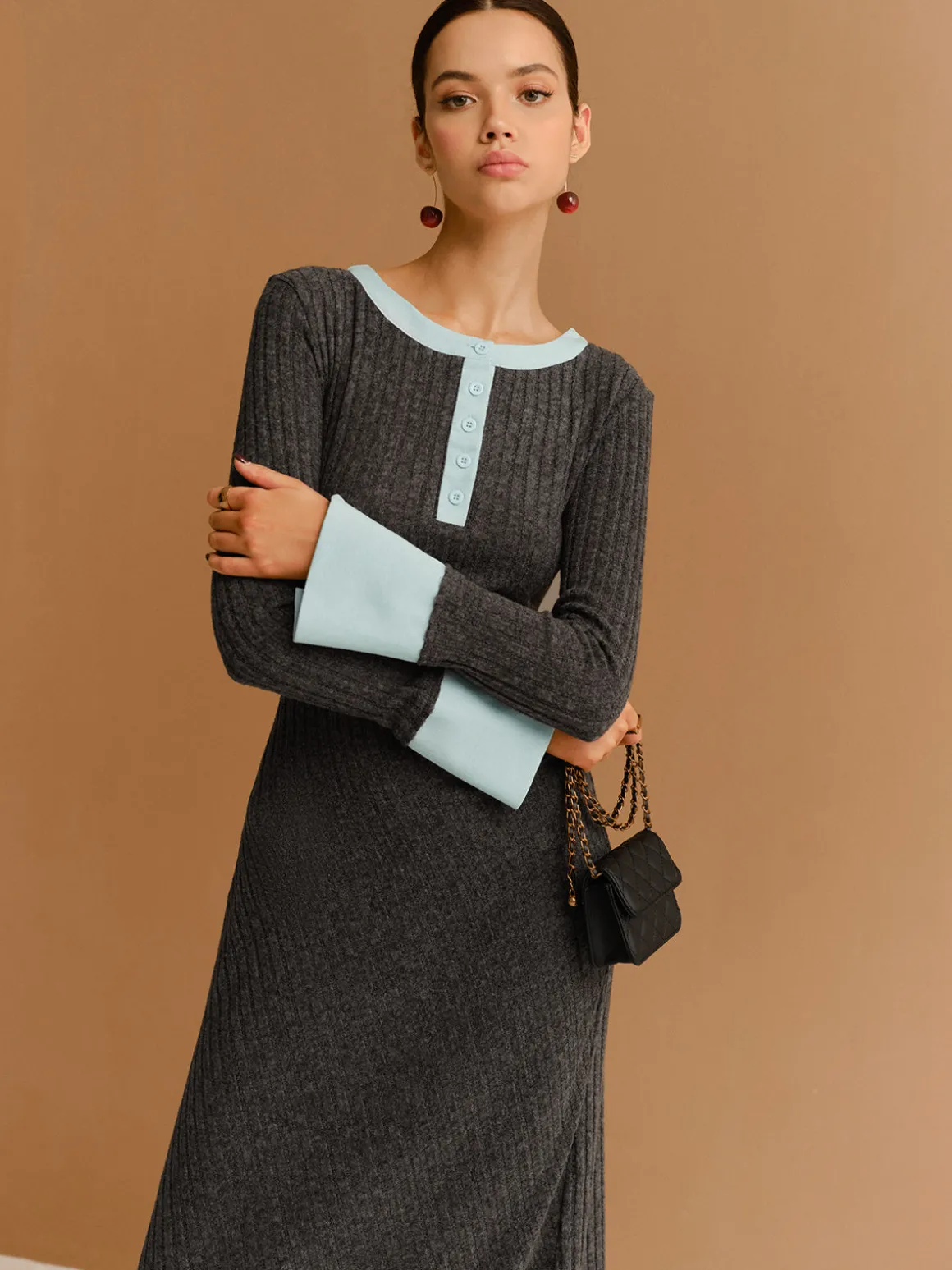 Contrast Trim Button Ribbed Slim Dress