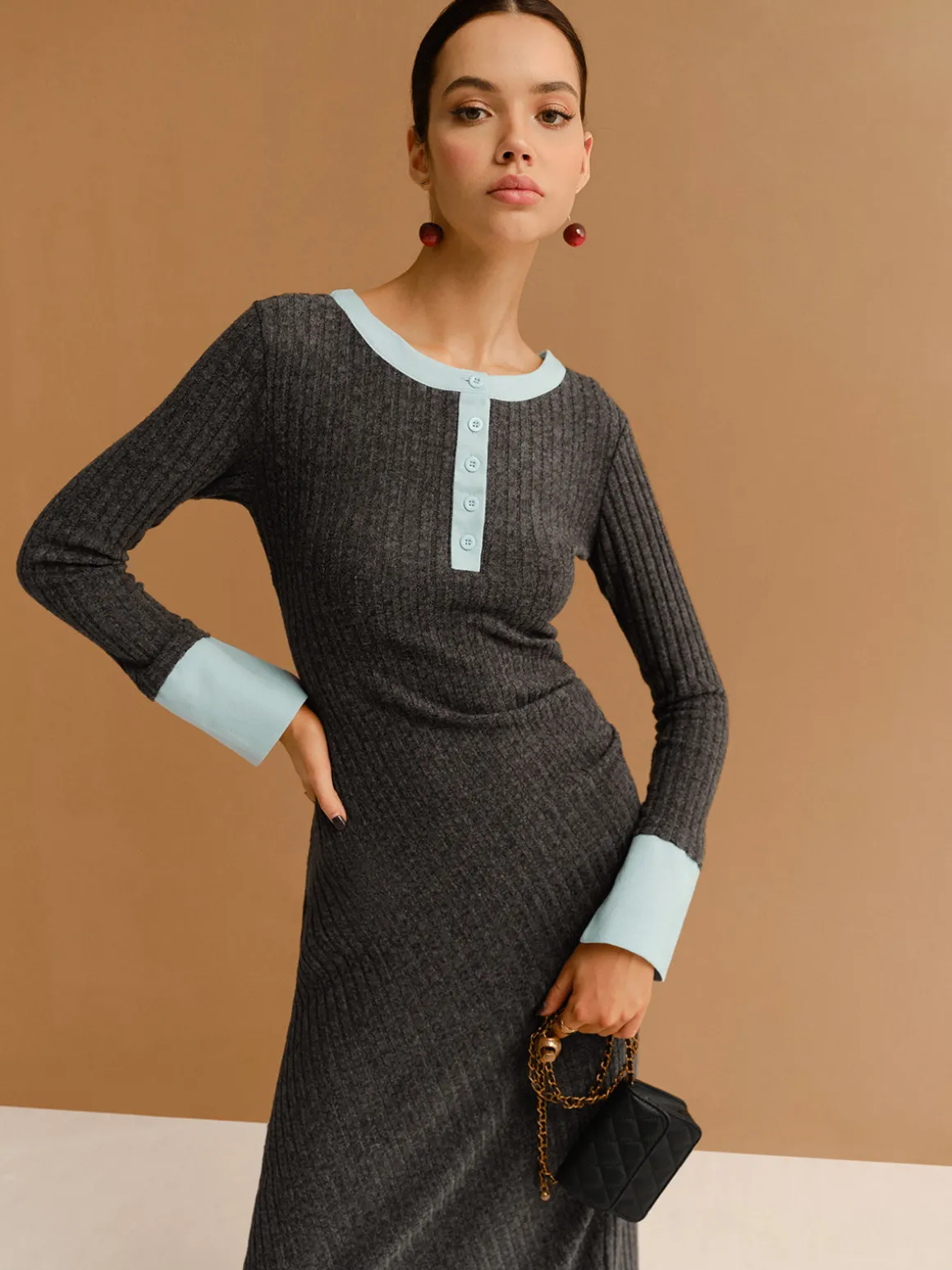 Contrast Trim Button Ribbed Slim Dress