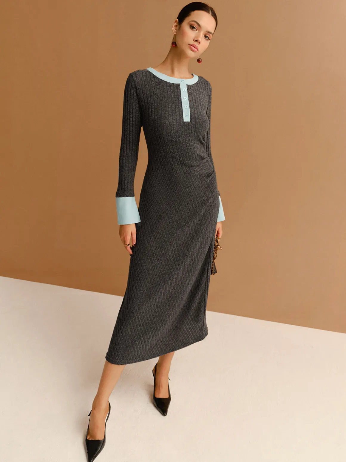 Contrast Trim Button Ribbed Slim Dress