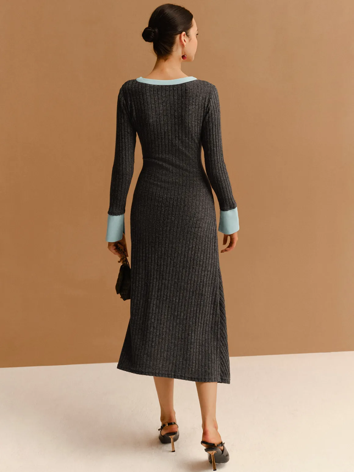 Contrast Trim Button Ribbed Slim Dress