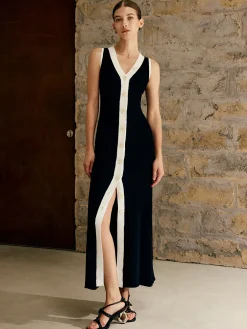 Contrast Trim Button Sweater Tank Dress