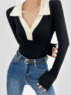 Contrast Trim Button Up Ribbed Shirt