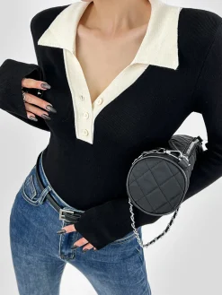 Contrast Trim Button Up Ribbed Shirt
