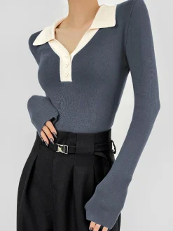 Contrast Trim Button Up Ribbed Shirt