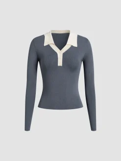 Contrast Trim Button Up Ribbed Shirt