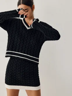 Contrast Trim Cable Knit Sweater With Matching Skirt