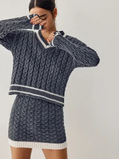 Contrast Trim Cable Knit Sweater With Matching Skirt