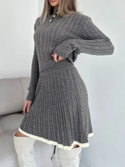Contrast Trim Cable-Knit Lapel Skirt Set