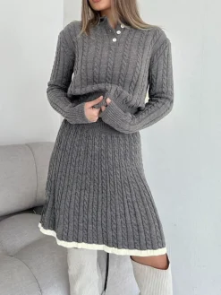 Contrast Trim Cable-Knit Lapel Skirt Set