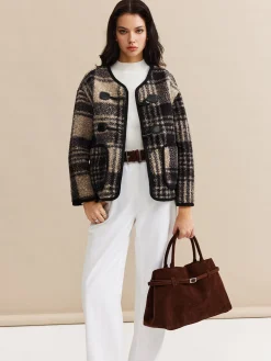 Contrast Trim Checked Tweed Coat