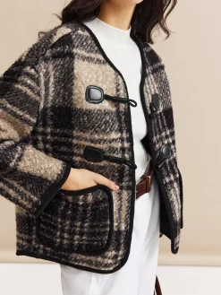 Contrast Trim Checked Tweed Coat
