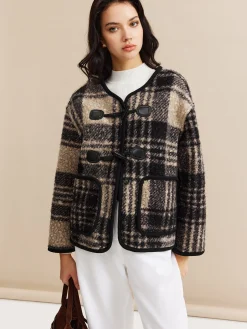 Contrast Trim Checked Tweed Coat
