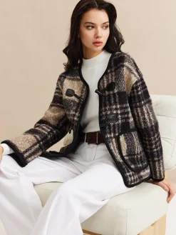 Contrast Trim Checked Tweed Coat