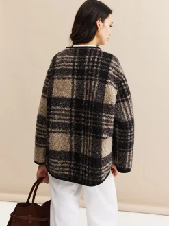 Contrast Trim Checked Tweed Coat