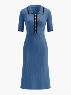 Contrast Trim Collared Rib Knit Short Sleeve Midi Dress