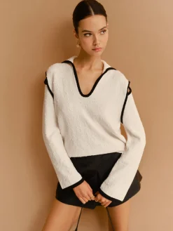Contrast Trim Cutout Lapel Sweater