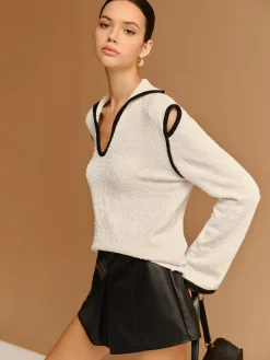 Contrast Trim Cutout Lapel Sweater