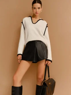 Contrast Trim Cutout Lapel Sweater