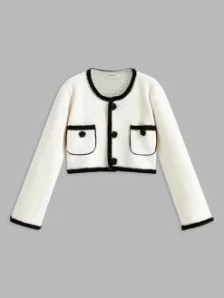 Contrast Trim Flower Decor Cardigan