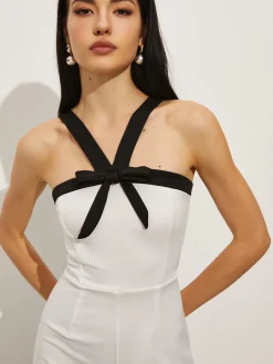 Contrast Trim Halter Bow Jumpsuit