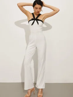 Contrast Trim Halter Bow Jumpsuit