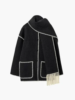 Contrast Trim Jacket With Matching Scarf