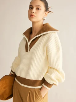 Contrast Trim Lapel Button Sweater