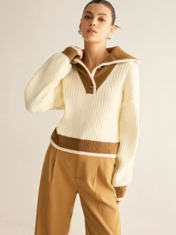 Contrast Trim Lapel Button Sweater