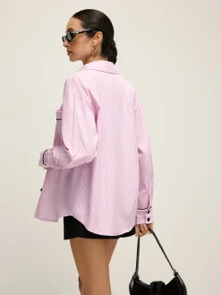 Contrast Trim Lapel Pinstripe Shirt