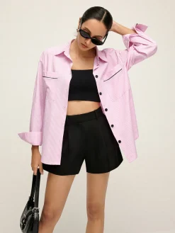 Contrast Trim Lapel Pinstripe Shirt