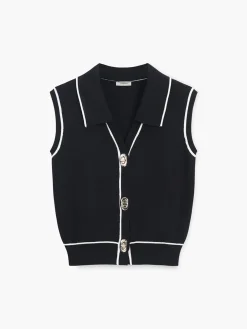 Contrast Trim Lapel Sweater Vest