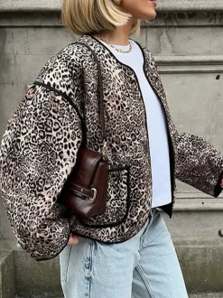 Contrast Trim Leopard Printed Winter Coat