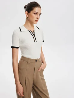 Contrast Trim Metal Button Knit Top