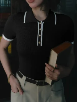 Contrast Trim Metal Button Knit Top