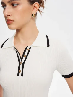 Contrast Trim Metal Button Knit Top