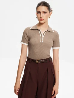 Contrast Trim Metal Button Knit Top