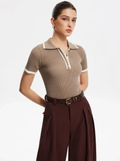 Contrast Trim Metal Button Knit Top